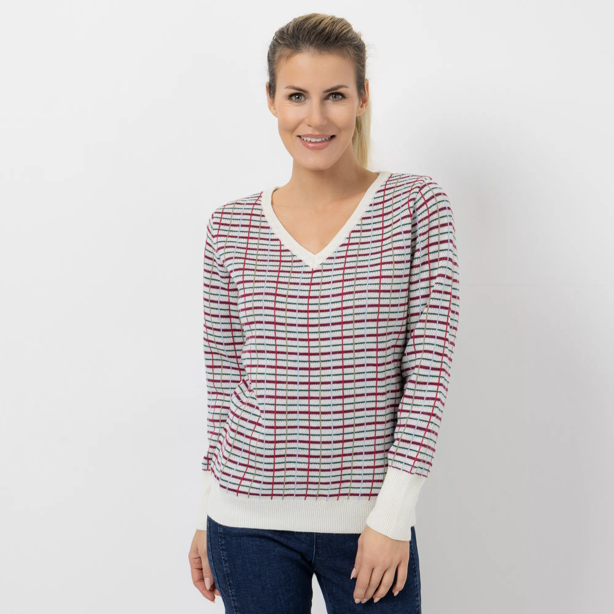 CASHMASOFT Pullover V-Ausschnitt Cashmeregriff Karo-Jacquard