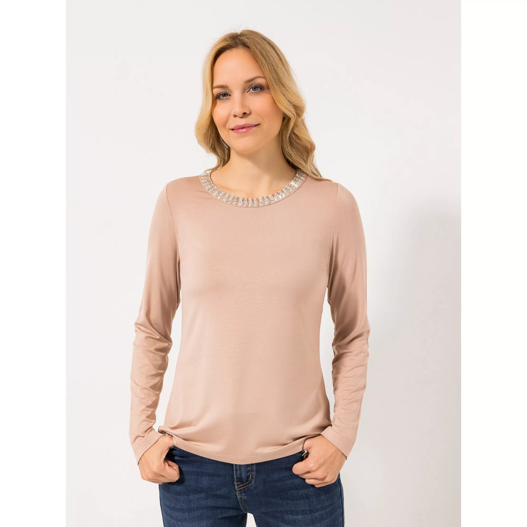 VIA MILANO Shirt, 1/1-Arm Rundhalsausschnitt mit Ziersteinen mit ECOVERO Viskose