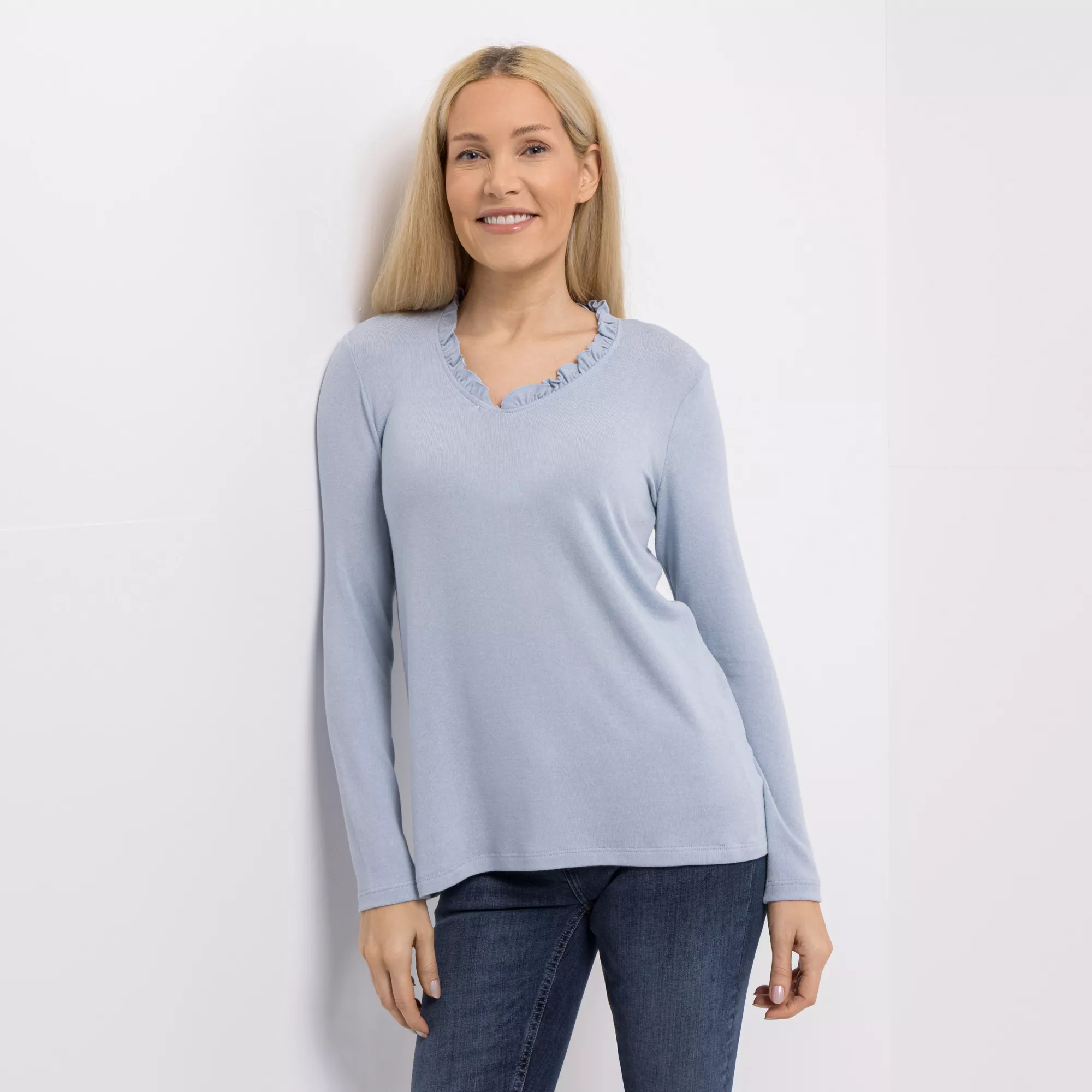  KIM & CO. Shirt, Langarm Feinstrick-Optik gerüschter Ausschnitt figurumspielend