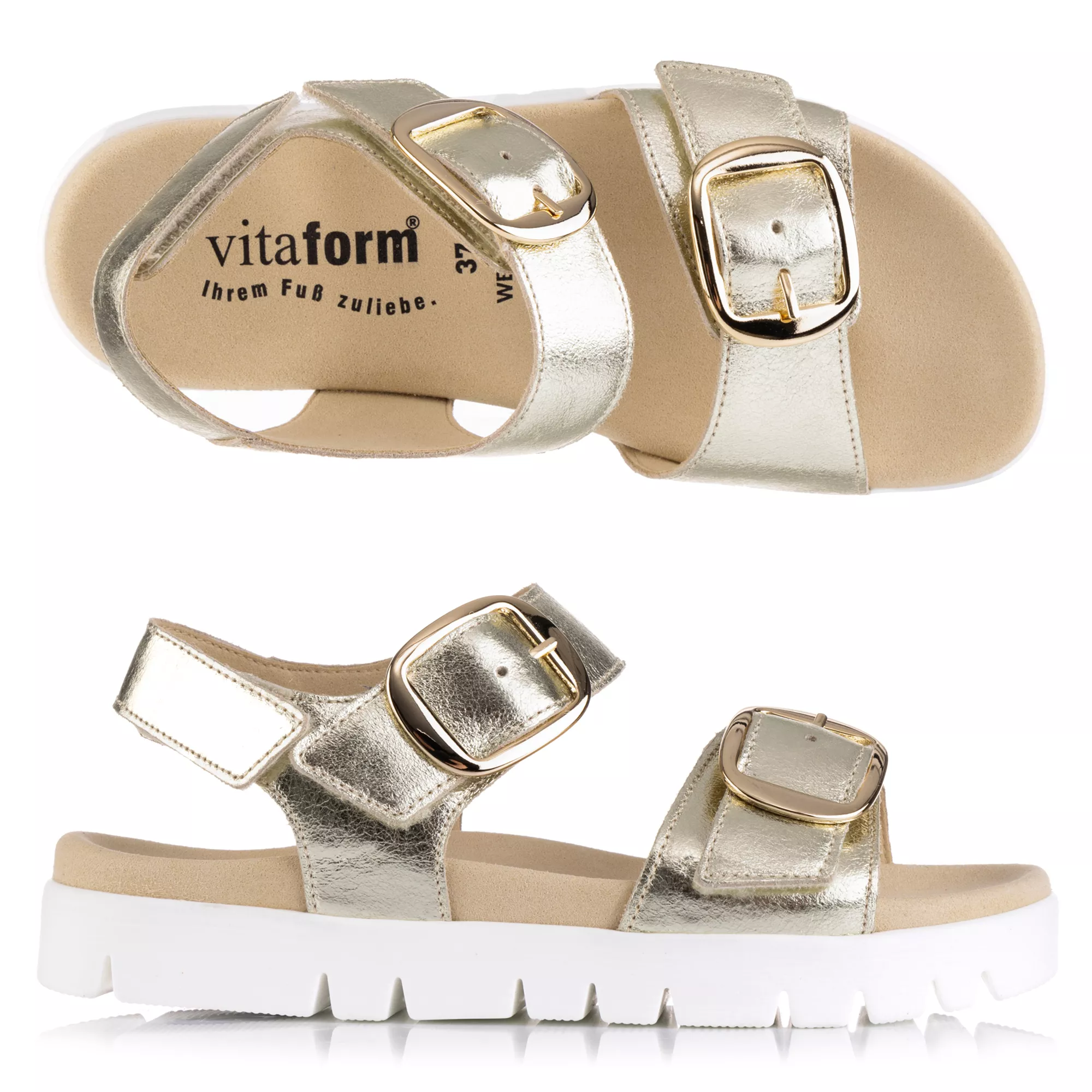 VITAFORM Damen- Sandalette Metallic Leder 2 große Schnallen Sohle Lara