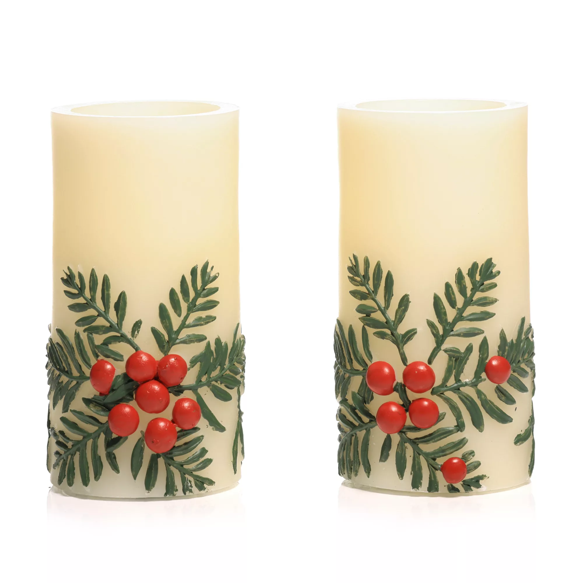 ELAMBIA 2 LED-Kerzen Ilex-Zweig Flamme Luma, Timer Ø 7,5cm, Höhe 15cm