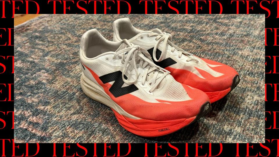 New Balance FuelCell SuperComp Elite V5 Review in red and white on a carpet