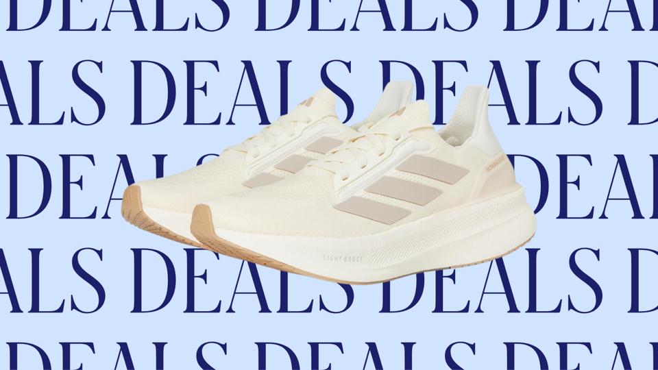 White Adidas Ultraboost 5x Running Shoes on a light blue deals background.
