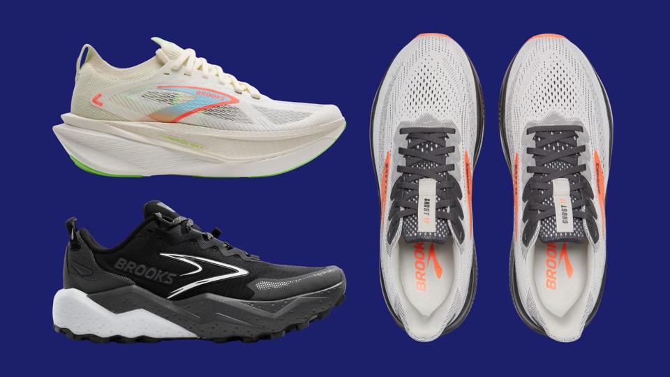 Three pairs of Brooks shoes against a dark blue background.