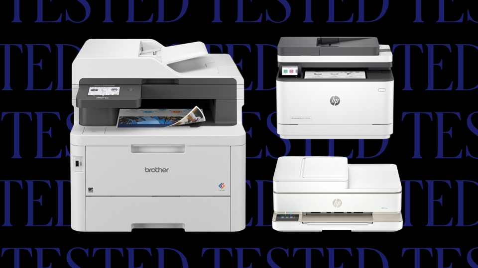 Three home printers against a blue background that says "tested."