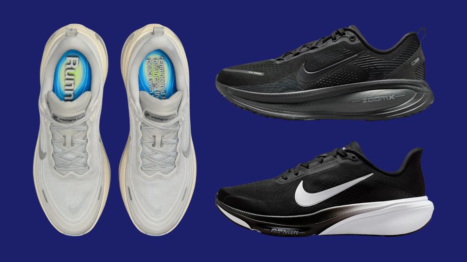 Three pairs of Nike running shoes against a dark blue background.