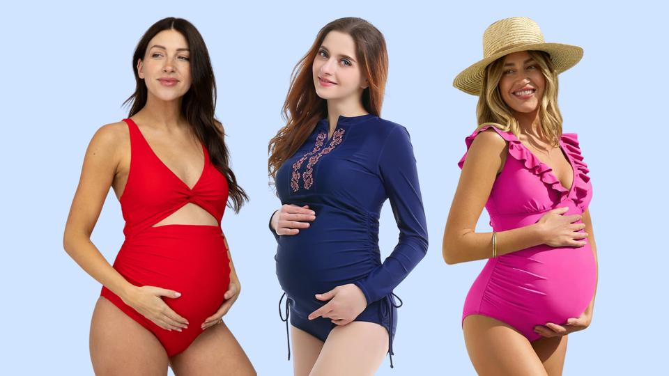 Three women wearing maternity swimsuits on a light blue background