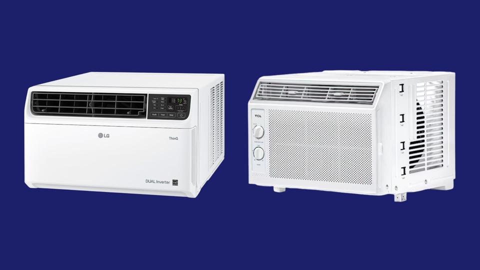 Two window air conditioner units against a blue background.