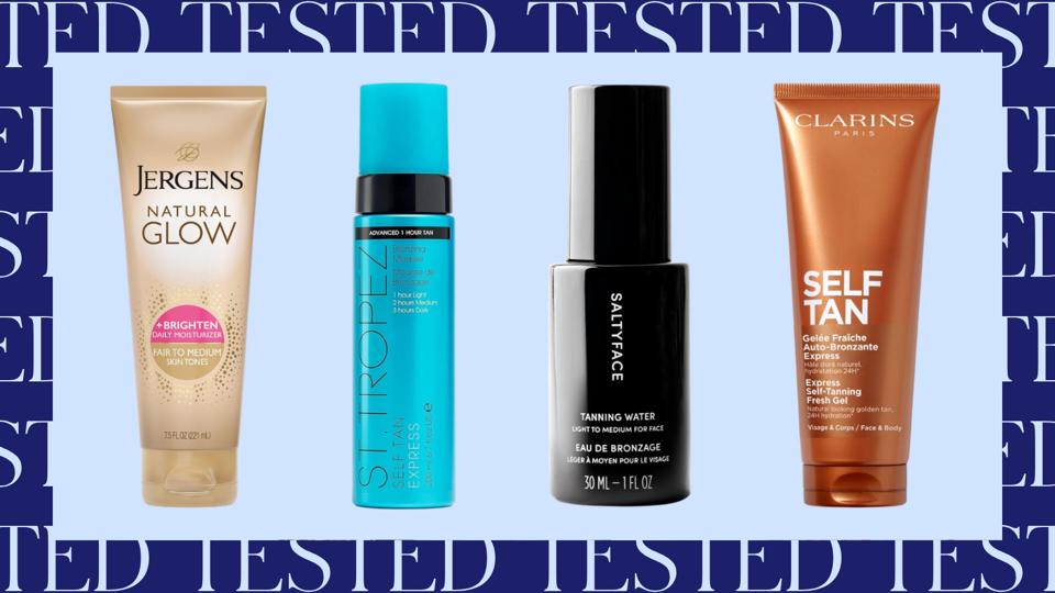 Four self tanners on a blue background