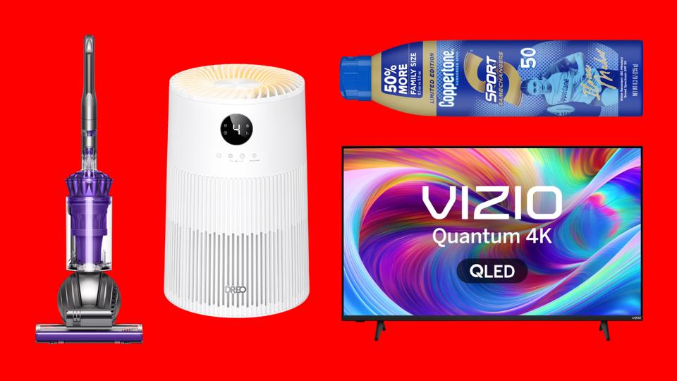 Collage featuring vacuum, air purifier, TV and sunscreen on red background.