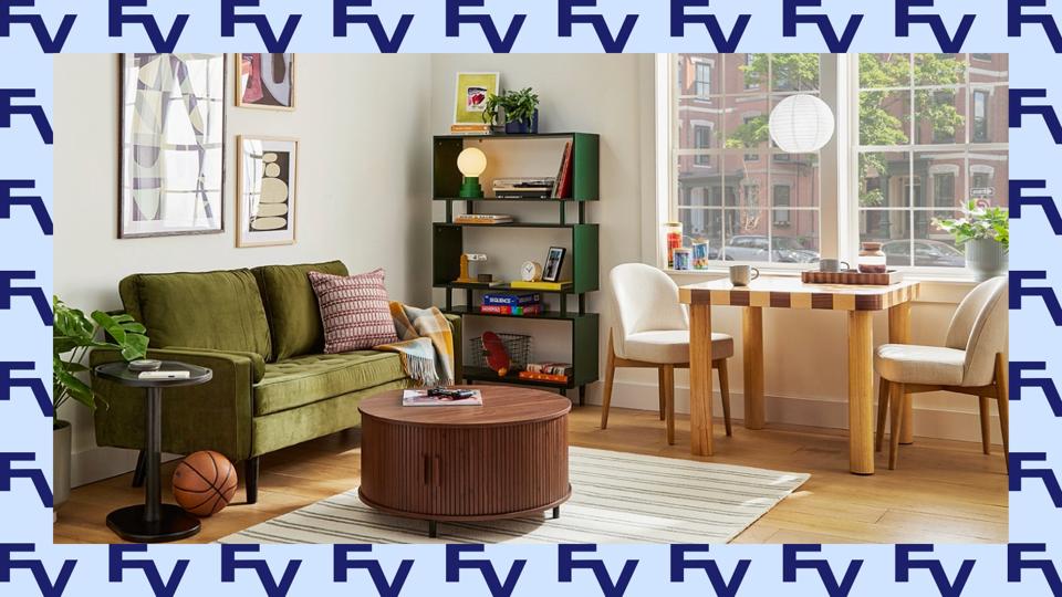 A lifestyle image of Wayfair living room furniture on a blue background.