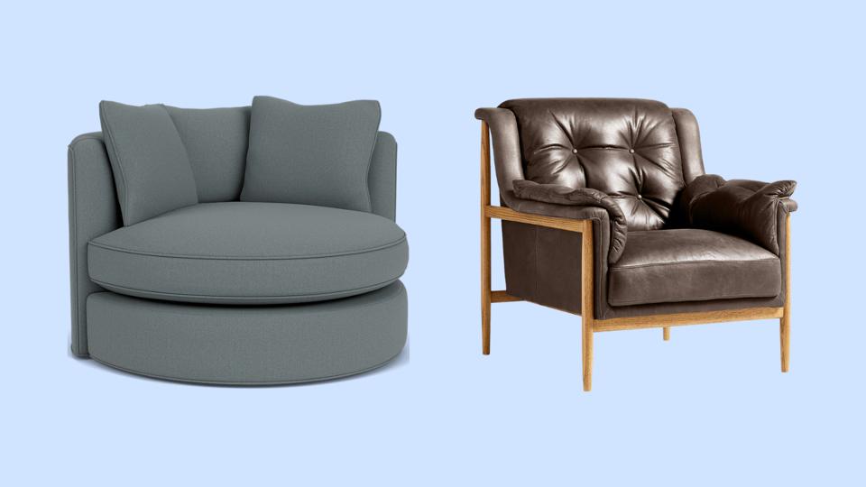 Room & Board Eos Swivel Chair and Crate & Barrel Cigar Wood and Leather Chair on blue background.