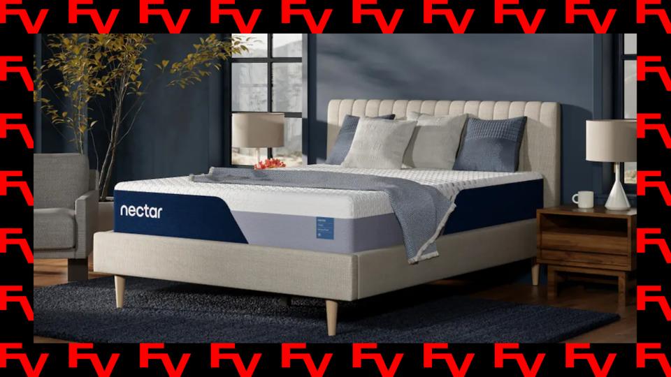 A Nectar bed in a bedroom, with a red and black Forbes Vetted border.