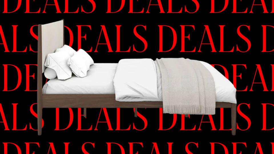 A neatly made Leesa bed on a red and black deals background.