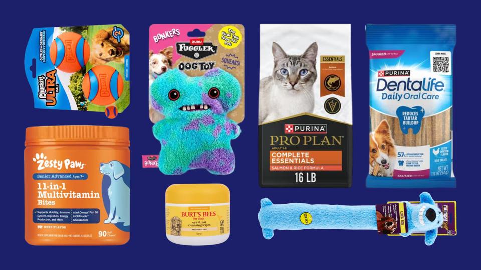 Collage of dog and cat products, including toys, food, treats and vitamins, on blue bg.
