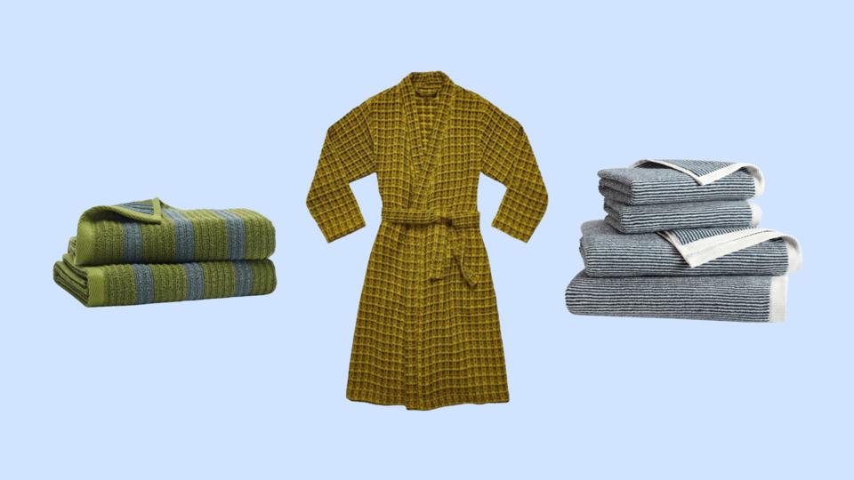 Brooklinen towels and a robe on a lavender background.