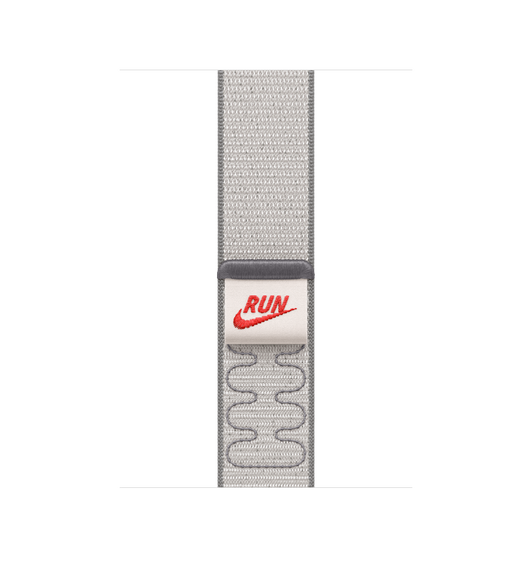 Nike Sport Loop band, Veiled Grey light gray band, dark gray stitching, soft reflective double layer nylon weave material, Run written in red with Nike Swoosh on pull tab closure