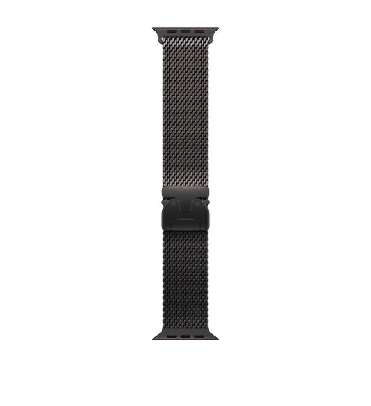 Titanium Milanese Loop band, black color, woven titanium mesh, parachute-style closure, two interlocking ends clasped together, side release tabs