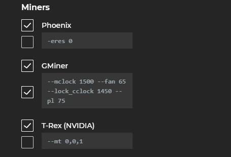 Miner's settings