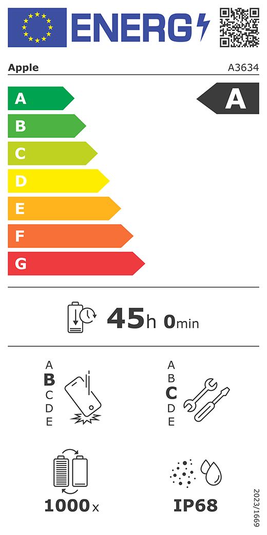 EU-energimærke, QR-kode og information, Apple-model A3634, klasse A, energieffektivitetsklasser (med en skala fra A til G), A (mest effektiv) til G (mindst effektiv), batteriholdbarhed pr. cyklus: 45 timer og 0 minutter pr. fuld batteriopladning, klasse B for holdbarhed ved gentagne frie fald, A (mest robust) til E (mindst robust), klasse C for reparerbarhed, A (mest reparerbar) til E (mindst reparerbar), batteriholdbarhed på 1000 cyklusser, IP-klassificering for støv- og vandbeskyttelse: IP68, forordning 2023/1669