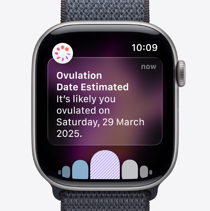 Apple Watch Series 11, space gray colour, aluminium case, ovulation date estimation notification from Cycle Tracking in Health app, Digital Crown, Sport Loop, dark gray colour