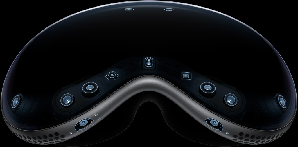 Apple Vision Pro 외부의 모습. 여러 카메라와 센서를 강조하고 있습니다. 