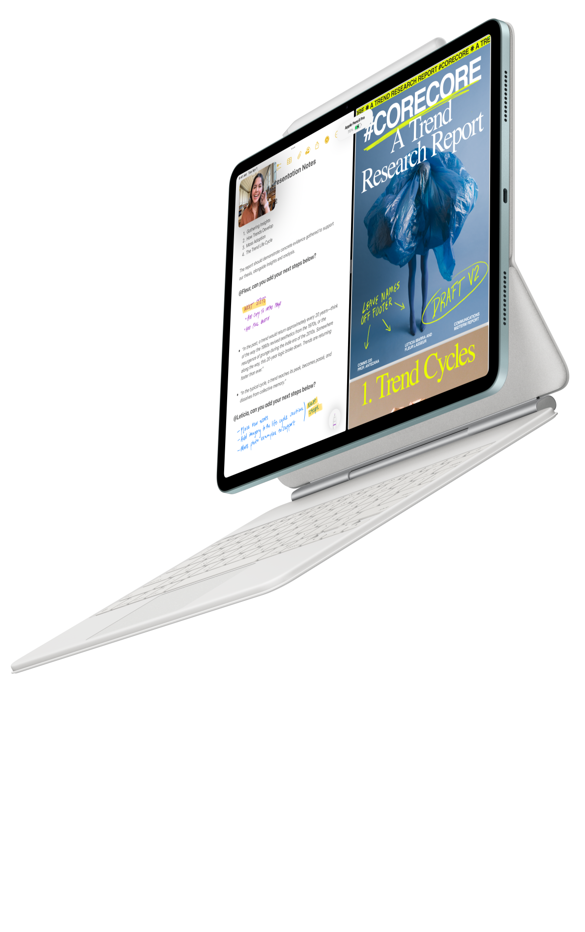iPad Air met een Magic Keyboard voor iPad Air en Apple Pencil Pro eraan vast