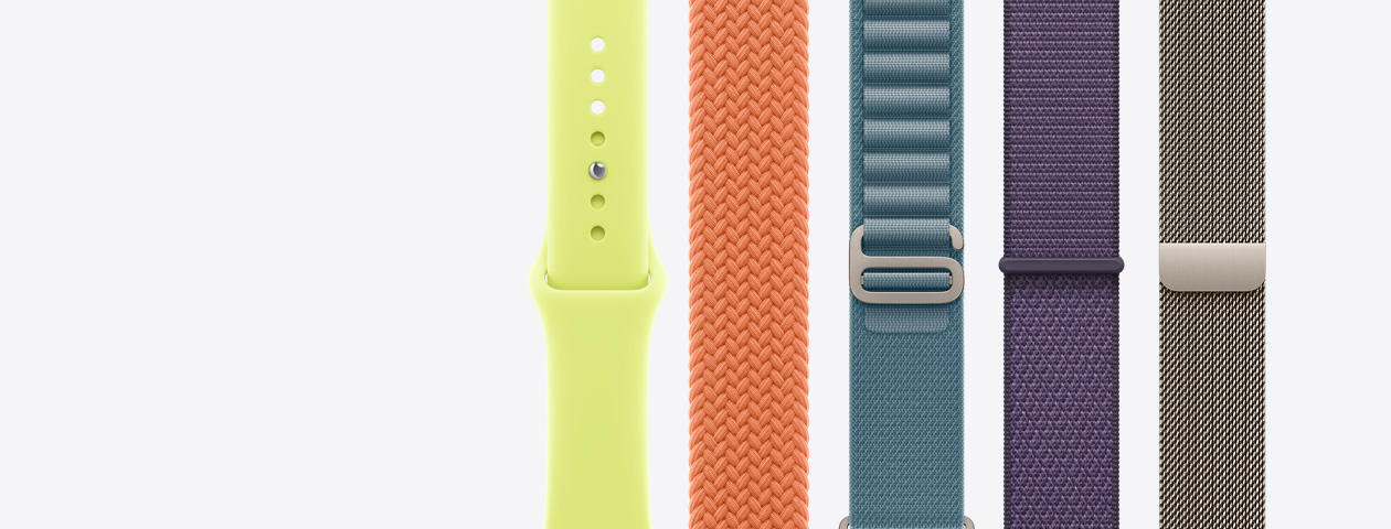 Apple Watch-bandjes: sportbandje, kleur neongeel, gevlochten solobandje, kleur kurkuma, Alpine-bandje, kleur lichtblauw, geweven sportbandje, kleur zachtpaars, Milanees bandje, kleur naturel