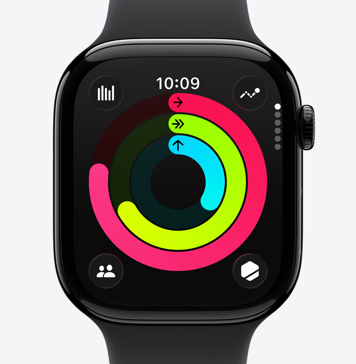 Apple Watch Series 11, aluminium case, polished jet black colour, Activity rings: Move, Exercise, Stand, Sport Band, black colour