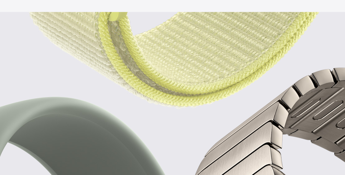 Apple Watch straps: Solo Loop, green gray colour, Sport Loop, neon yellow colour, Link Bracelet, natural colour