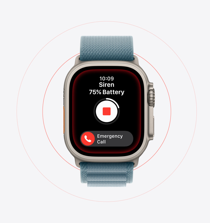 Apple Watch Ultra 3, titanium case, natural colour, Siren activated, Emergency call button, Alpine Loop, anchor blue colour