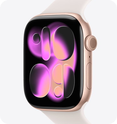 Apple Watch Series 11, aluminium case, rose gold colour, Responsive Art watch face, right side exterior, Digital Crown, microphone, side button, Sport Band, light blush colour