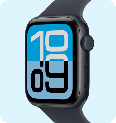 Apple Watch SE 3, aluminium case, Midnight colour, Flux watch face, right side exterior, Digital Crown, microphone, side button, Sport Band, Midnight colour