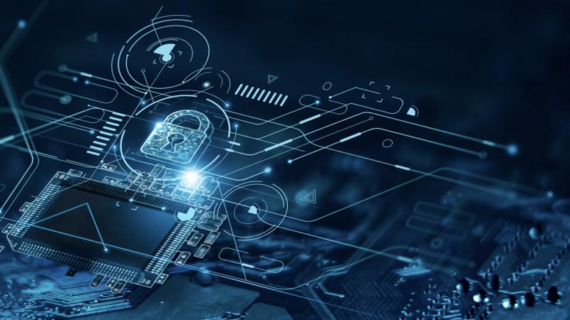 Abstract image of a PCB overlayed with cyber design elements