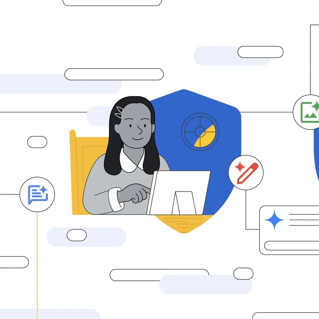 Drawing of a student on a computer typing and learning, with icons surrounding them representing safer learning and AI tools