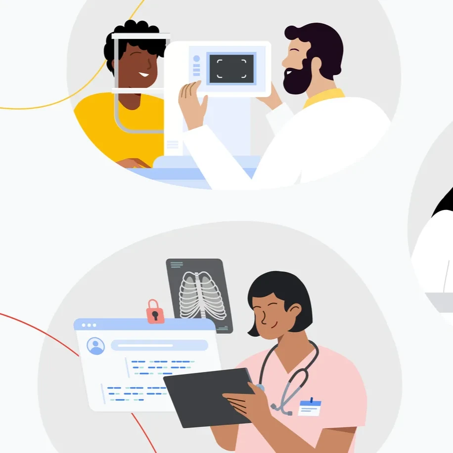 Collage illustration showing two scenes of medical professionals interacting with patients