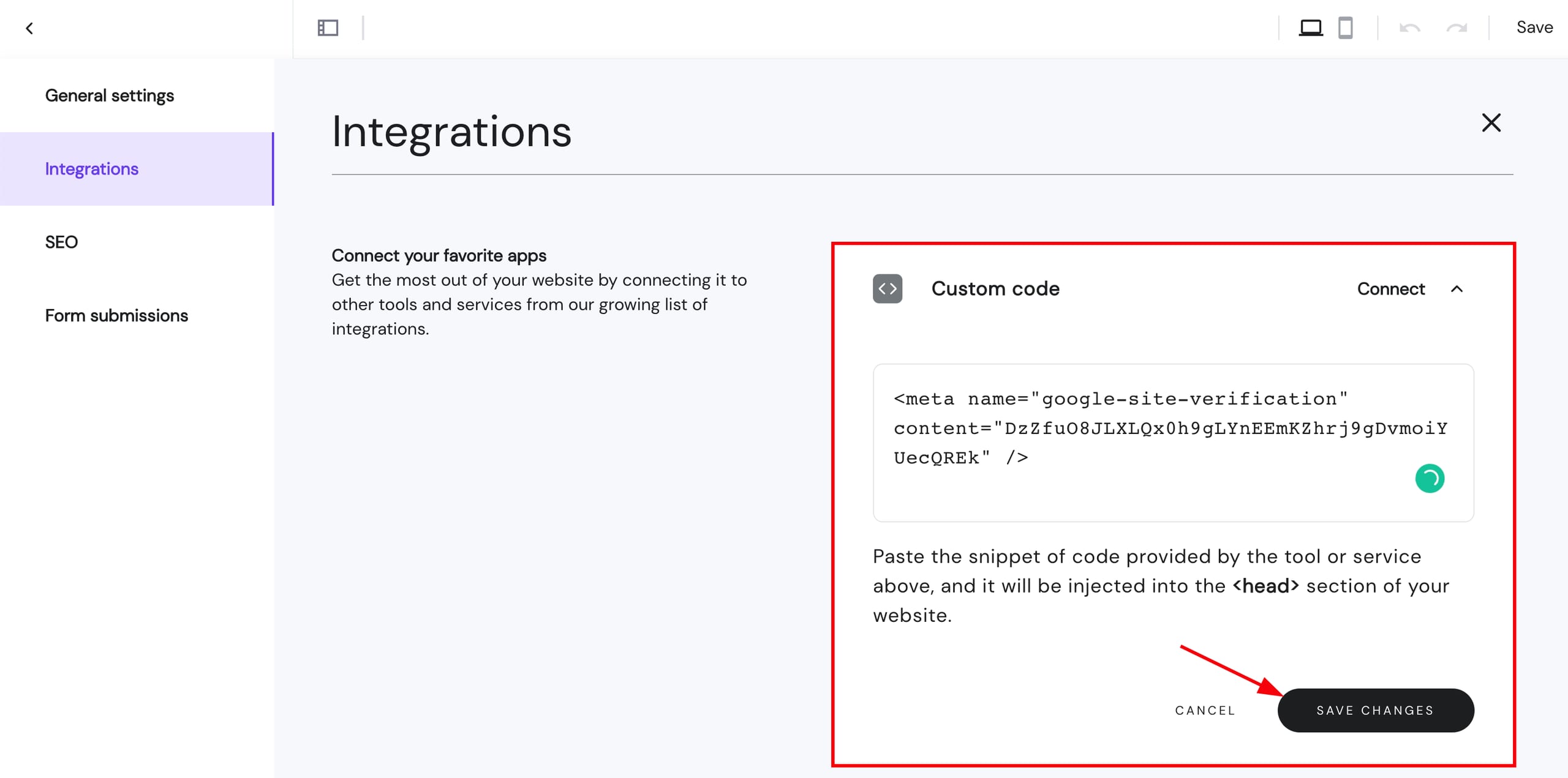 Adding a HTML meta tag to website's integrations settings