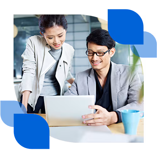 SAS solutions for your industry Smiling businesswoman at computer in office