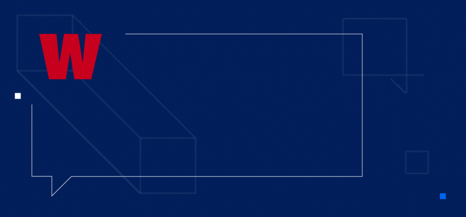Animated graphic with a blue background featuring a large red letter "W," geometric shapes, and white and blue squares.