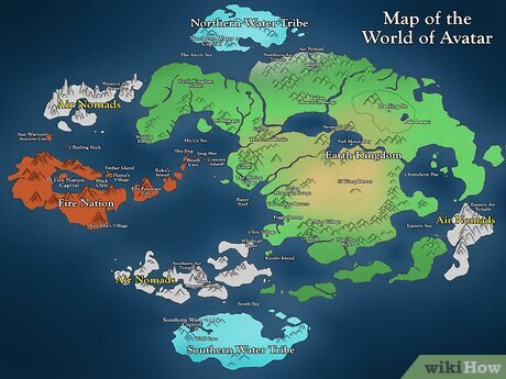 An illustrated map representing the world of Avatar: The Last Airbender.